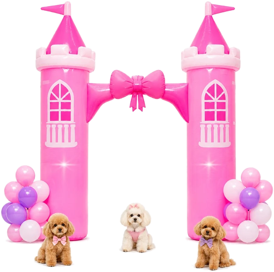 Pink rainbow castle inflatable with poodles