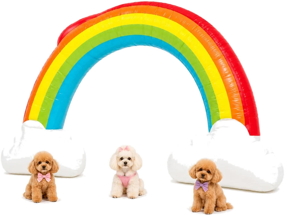 Rainbow inflatable arch with poodles