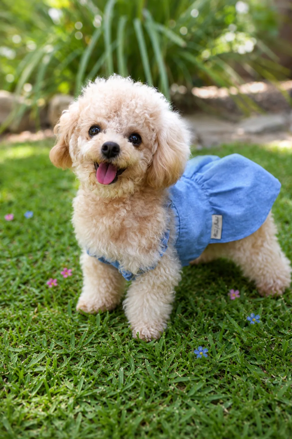 Teacup poodle in a blue dress on the grass