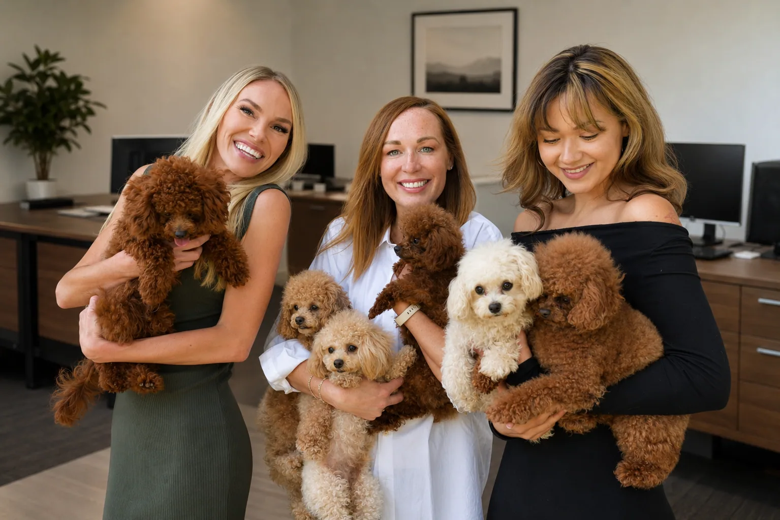 Coworkers with poodles in a bright office