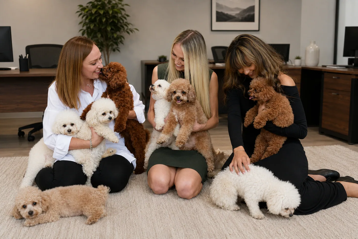 Coworkers sitting on the office floor with teacup poodles