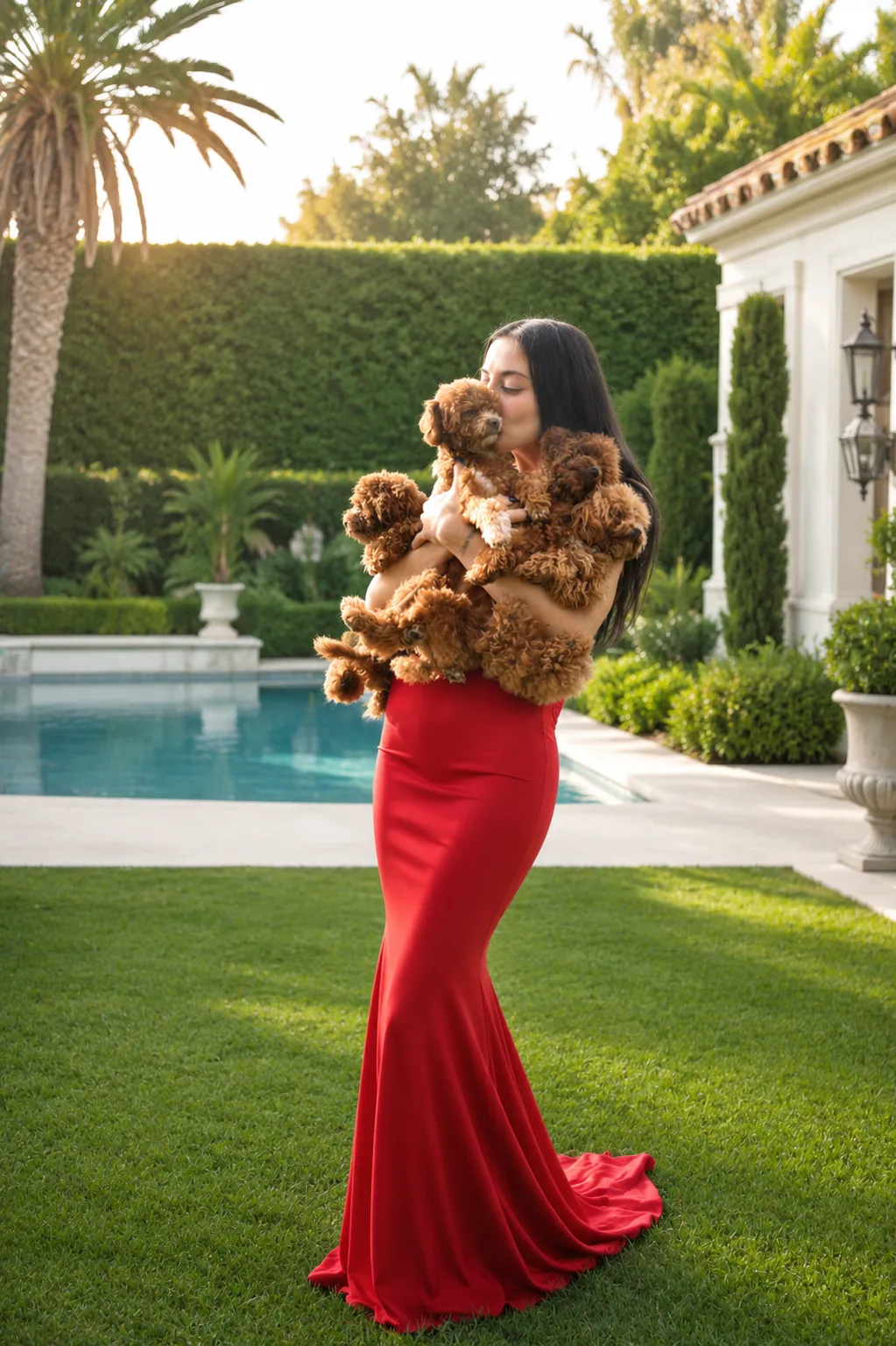 Guest in a red gown holding poodles beside a pool