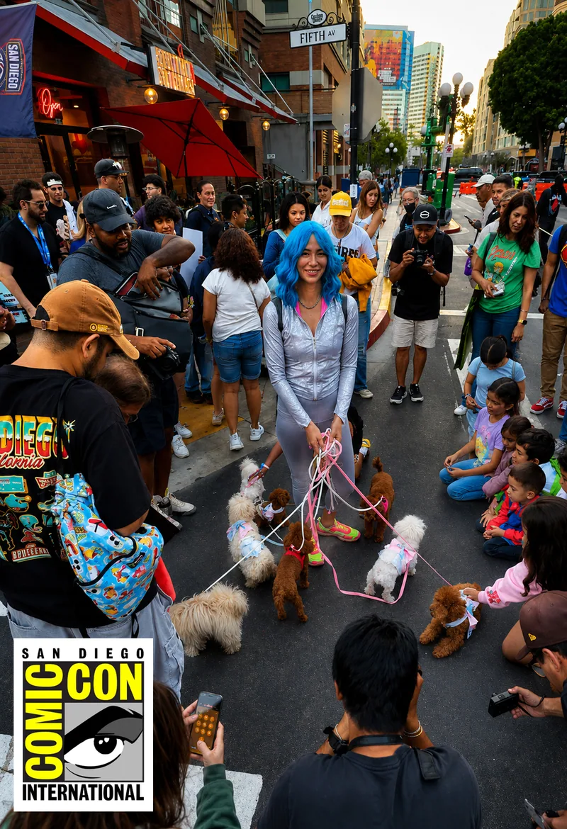 Crowd meeting the Poodlez at a convention street event