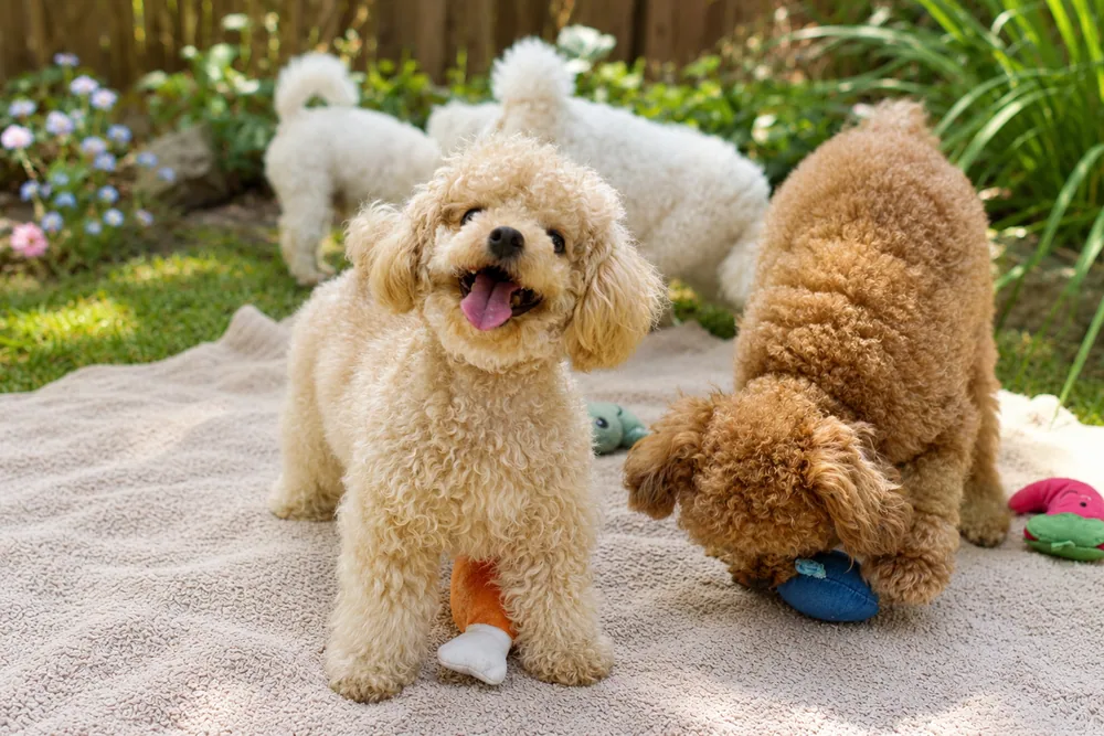 Two teacup poodles playing with toys on a blanket