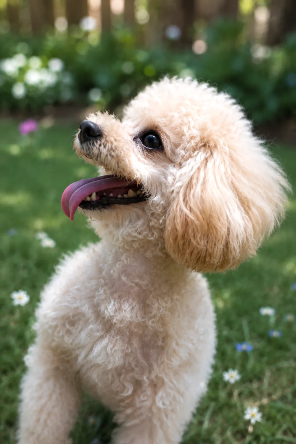 Cream teacup poodle in a garden