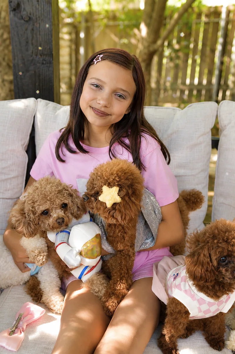 Girl on a styled party sofa with three poodles in outfits