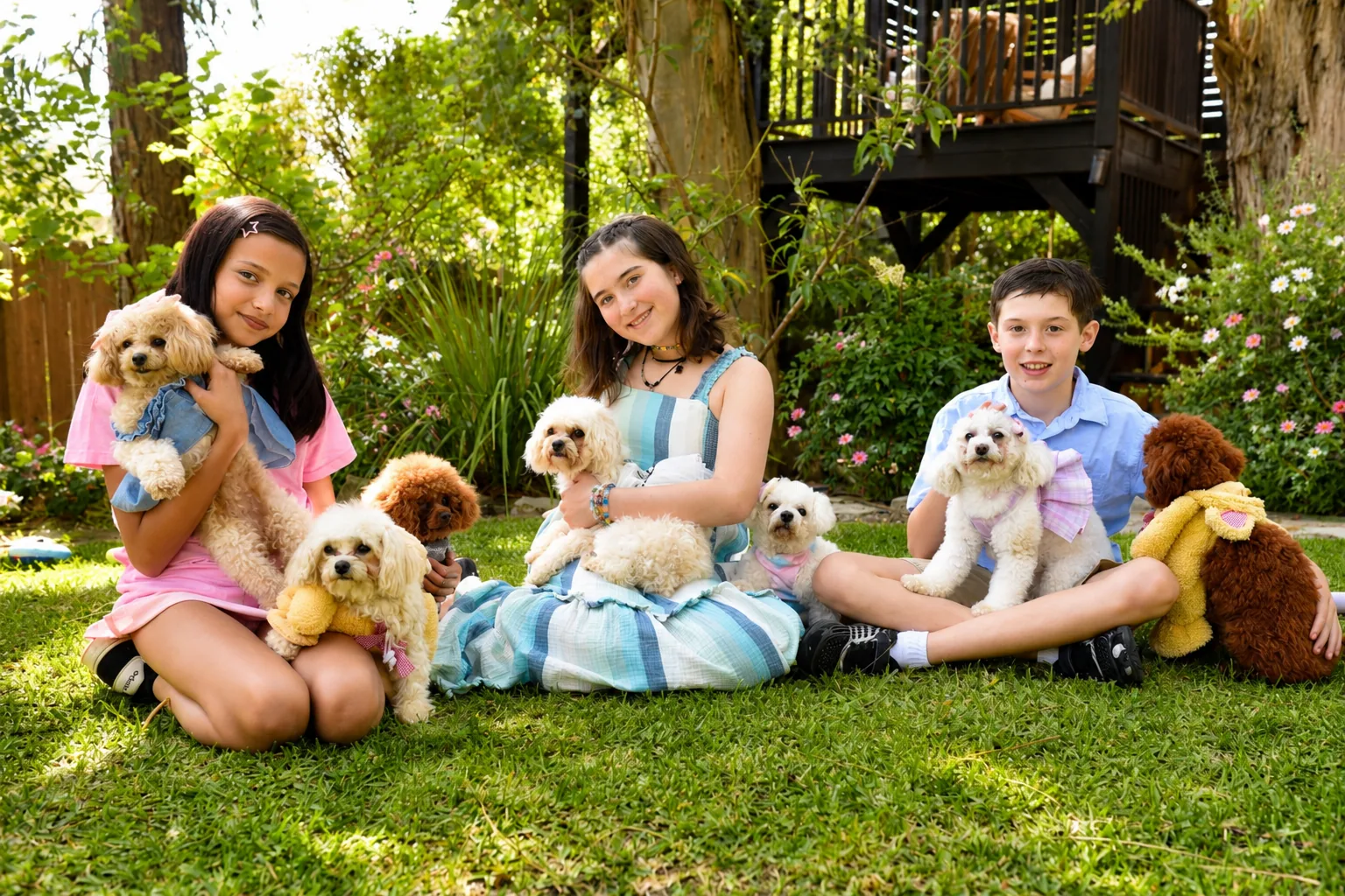 Three kids sitting on a lawn with a pile of teacup poodles