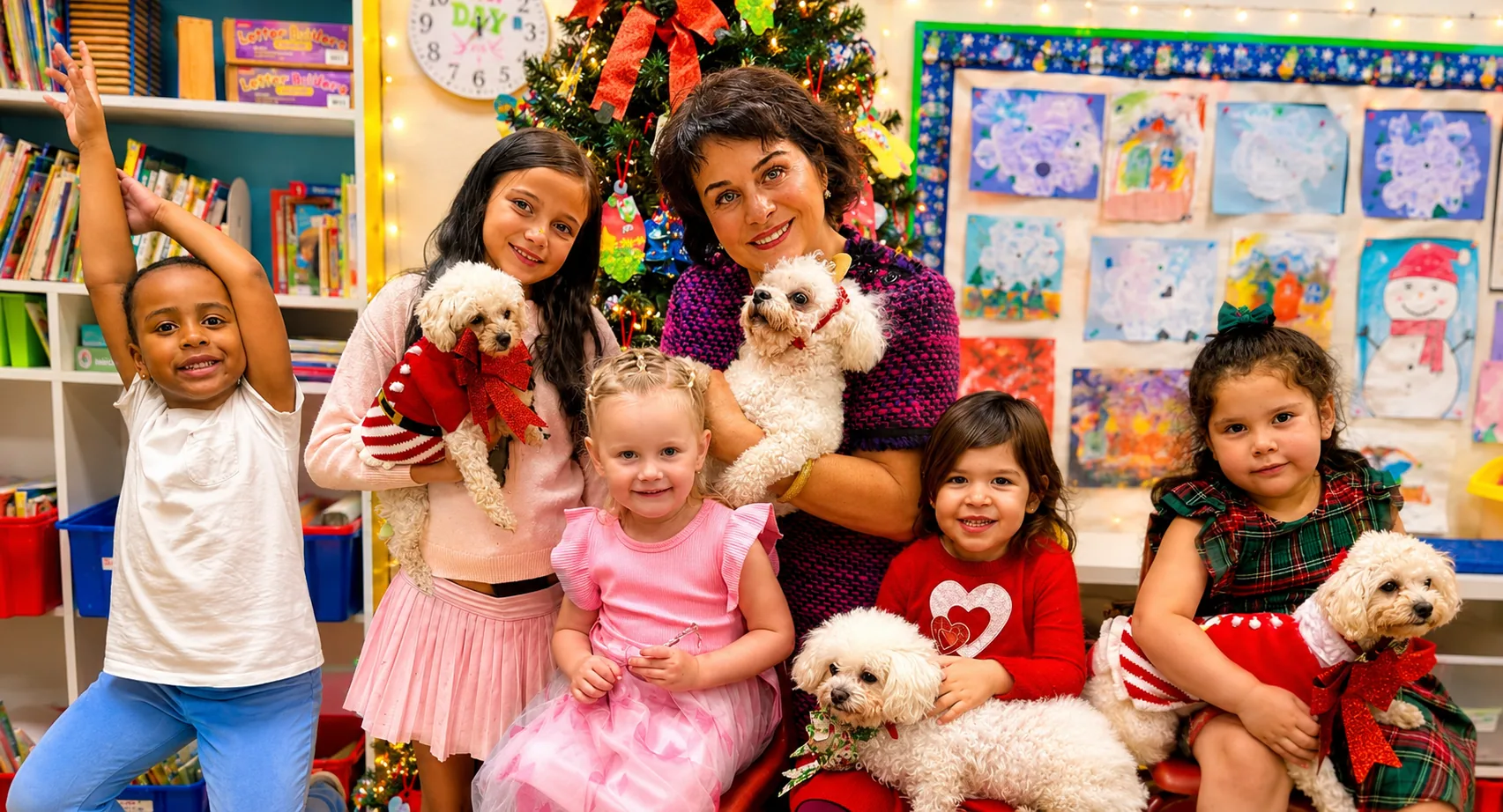 Students meeting poodles during a campus visit