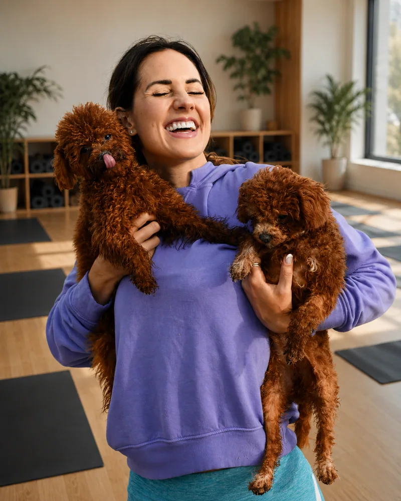 Smiling woman holding two poodles after yoga